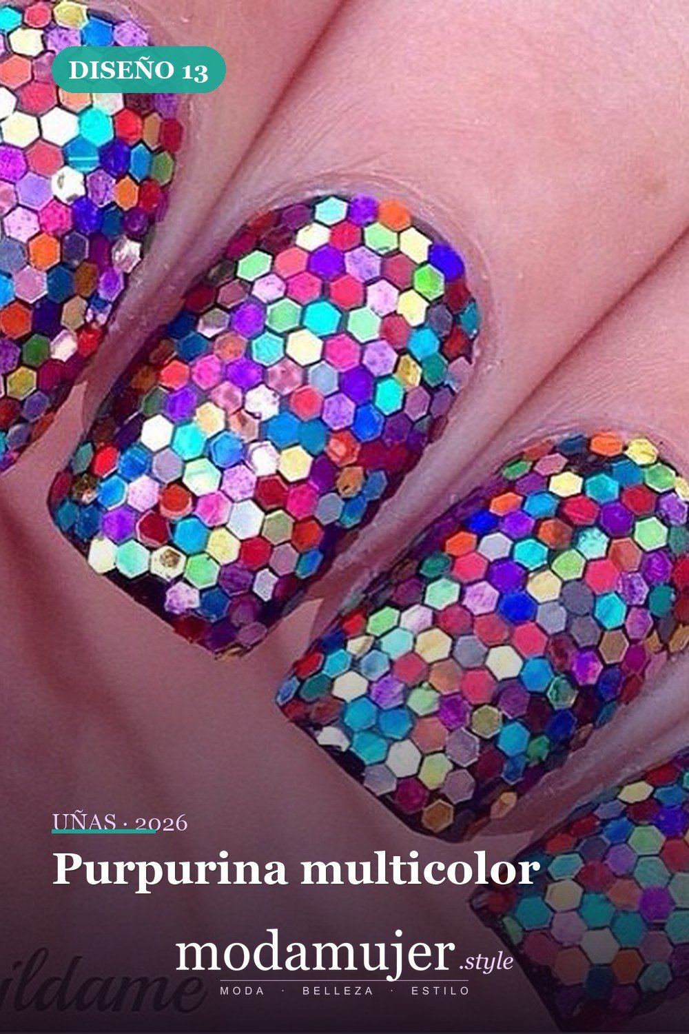 Purpurina multicolor — 35 increíbles diseños de uñas con brillo para 2026