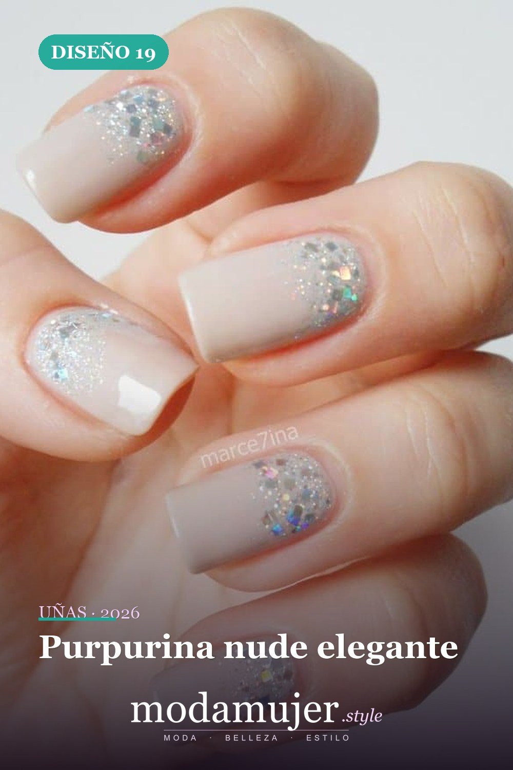 Purpurina nude elegante — 35 increíbles diseños de uñas con brillo para 2026