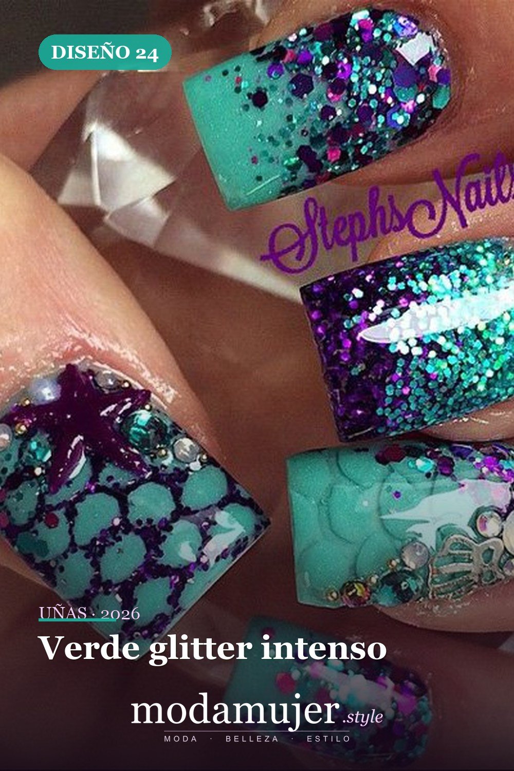 Verde glitter intenso — 35 increíbles diseños de uñas con brillo para 2026