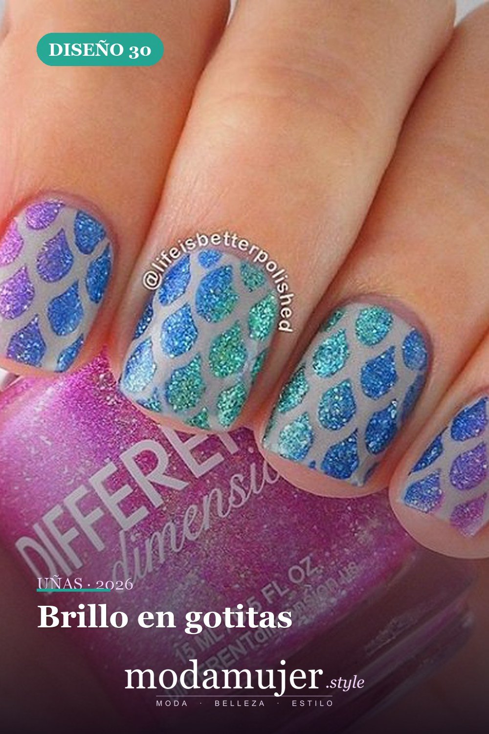 Brillo en gotitas — 35 increíbles diseños de uñas con brillo para 2026