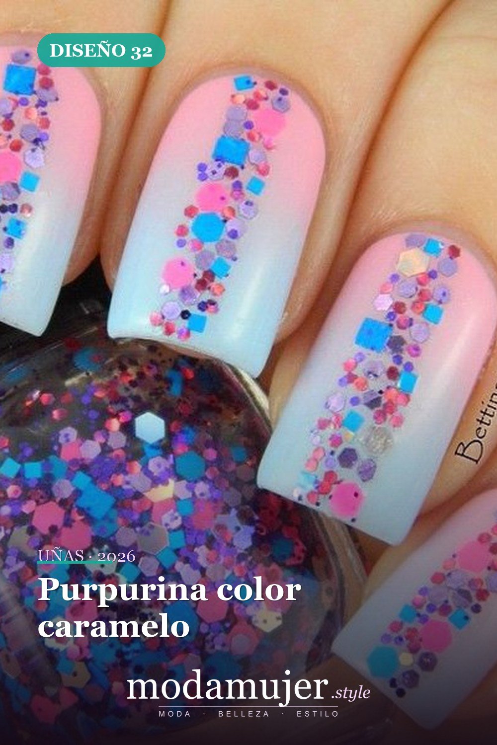 Purpurina color caramelo — 35 increíbles diseños de uñas con brillo para 2026