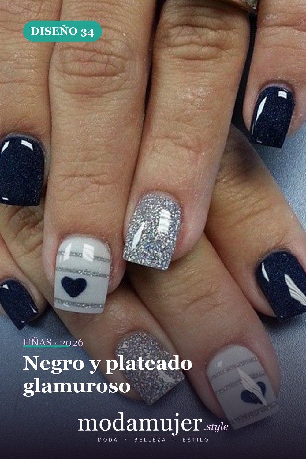 Negro y plateado glamuroso — 35 increíbles diseños de uñas con brillo para 2026
