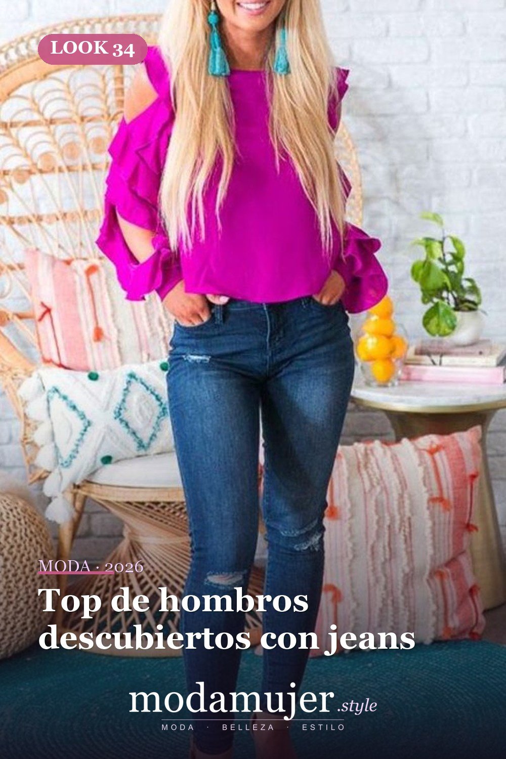 Top de hombros descubiertos con jeans — 35 ideas de trajes casuales populares este verano