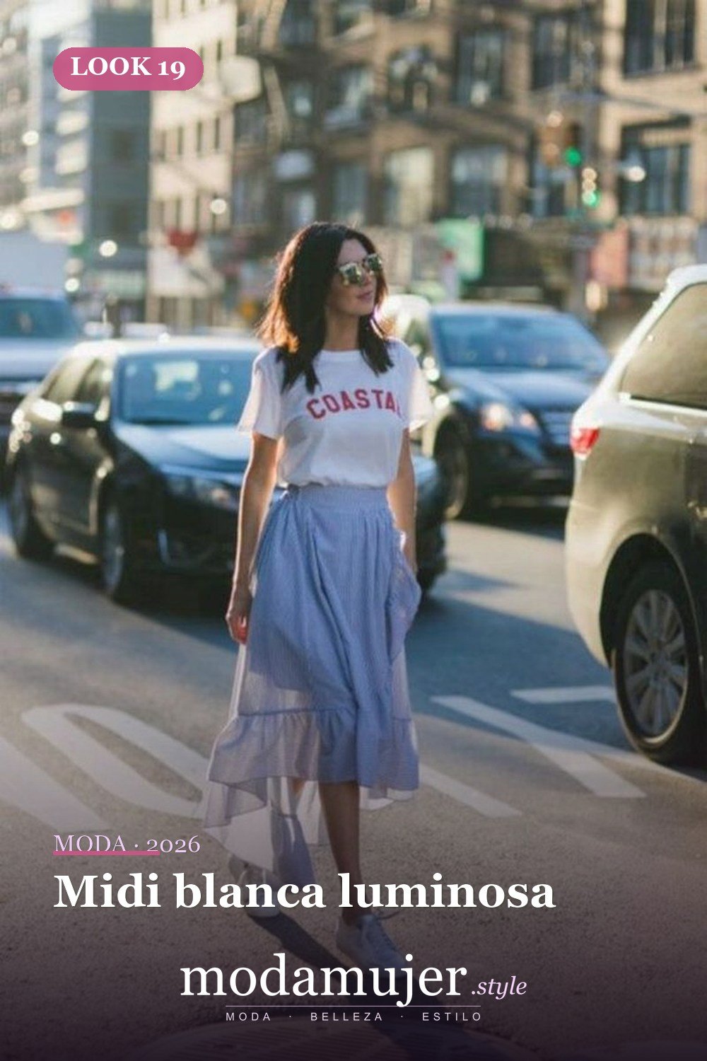 Midi blanca luminosa — 35 trajes casuales de primavera para mujer con faldas midi