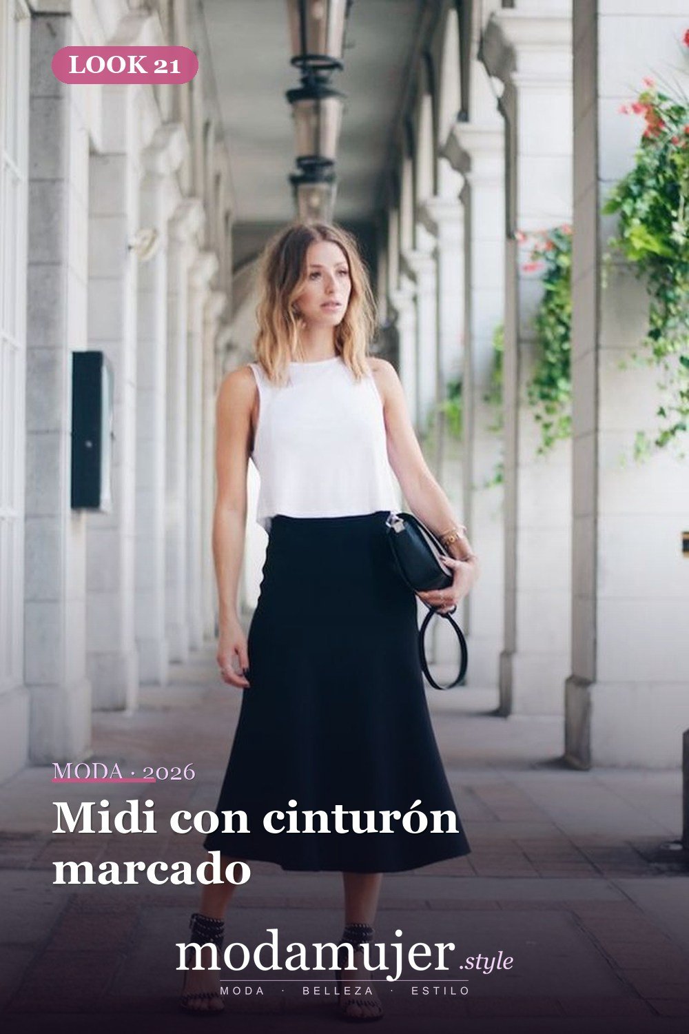 Midi con cinturón marcado — 35 trajes casuales de primavera para mujer con faldas midi