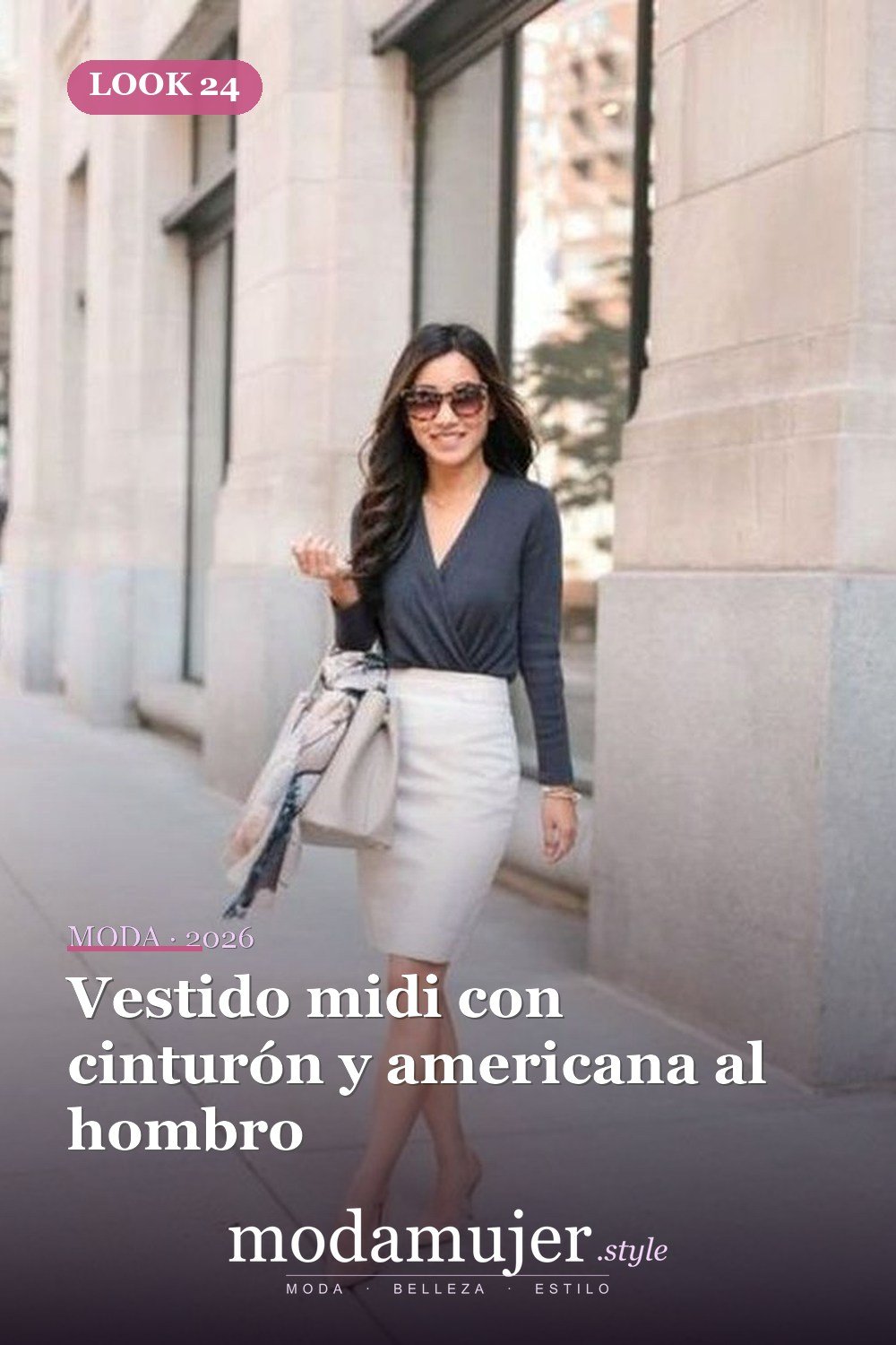 Vestido midi con cinturón y americana al hombro — 35 trajes de trabajo profesionales de verano para mujeres profesionales