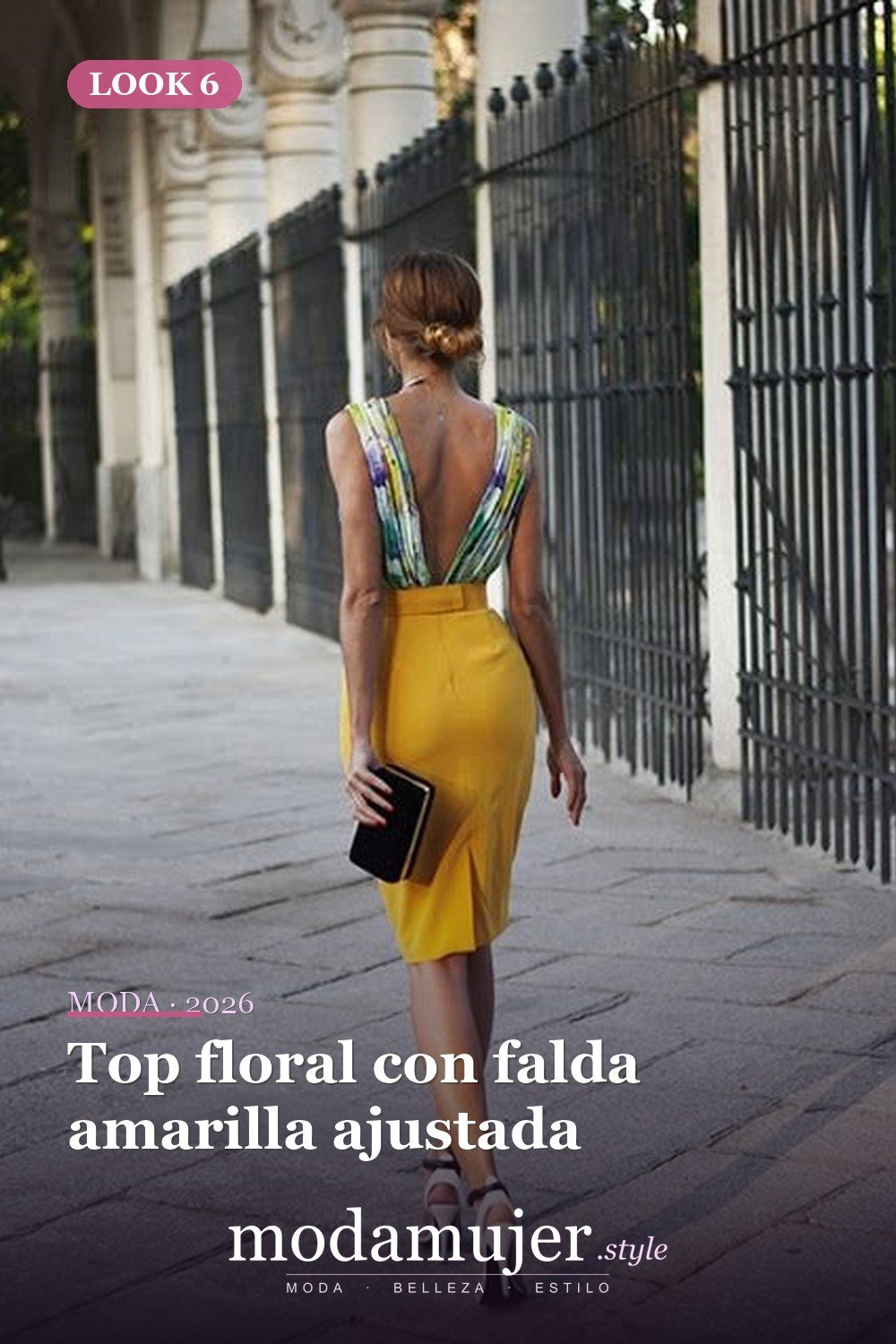 Top floral con falda amarilla ajustada — 37 trajes de fiesta de verano sexys y elegantes para mujer