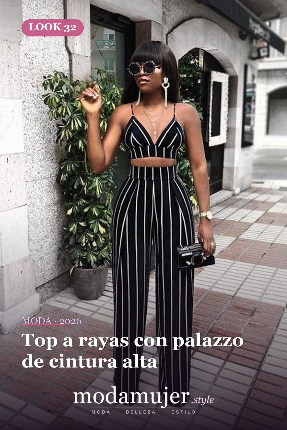 Top a rayas con palazzo de cintura alta — 37 trajes de fiesta de verano sexys y elegantes para mujer