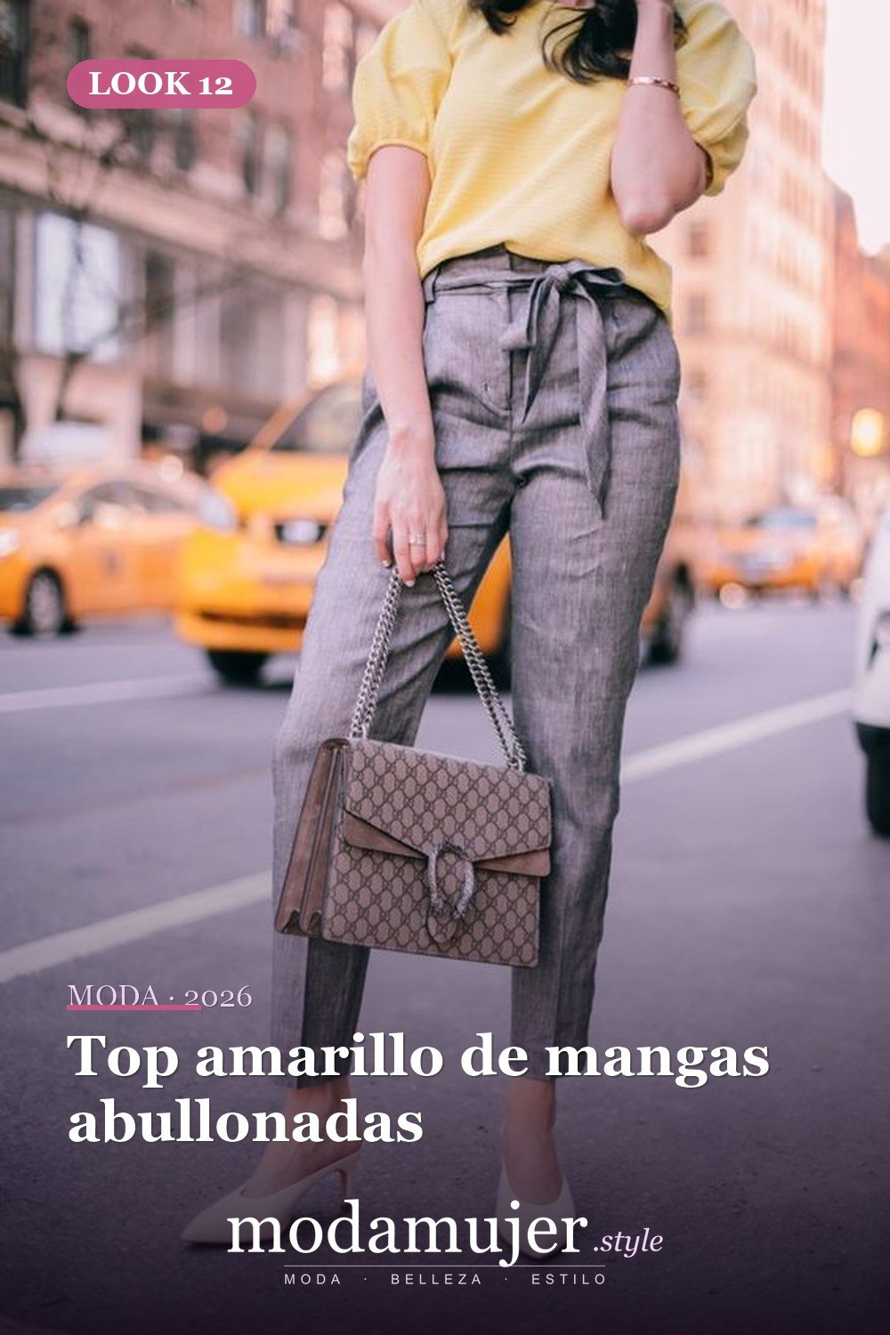 Top amarillo de mangas abullonadas — 38 atuendos de trabajo llamativos para primavera y verano 2026