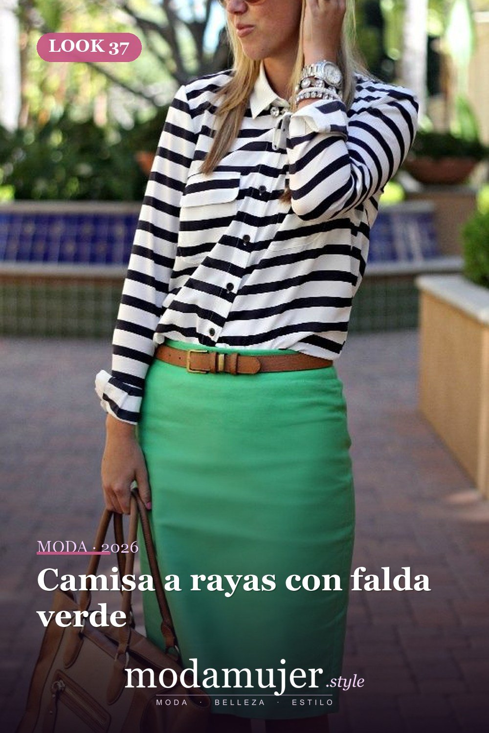 Camisa a rayas con falda verde — 38 atuendos de trabajo llamativos para primavera y verano 2026