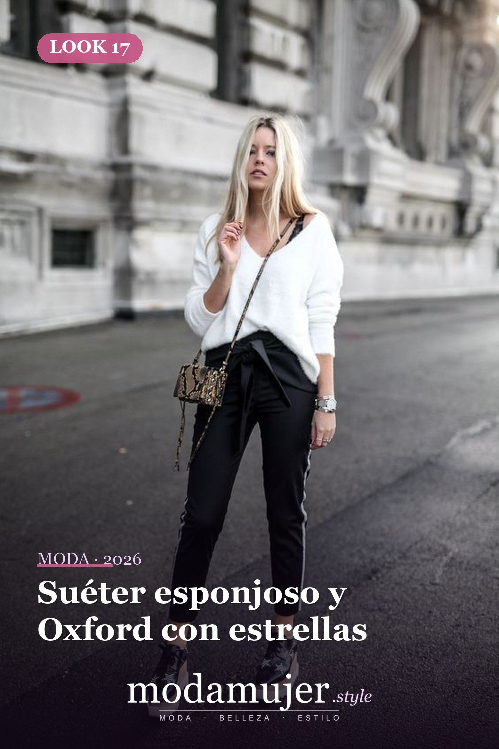 Suéter esponjoso y Oxford con estrellas — 41 formas elegantes de usar pantalones de rayas laterales en 2026