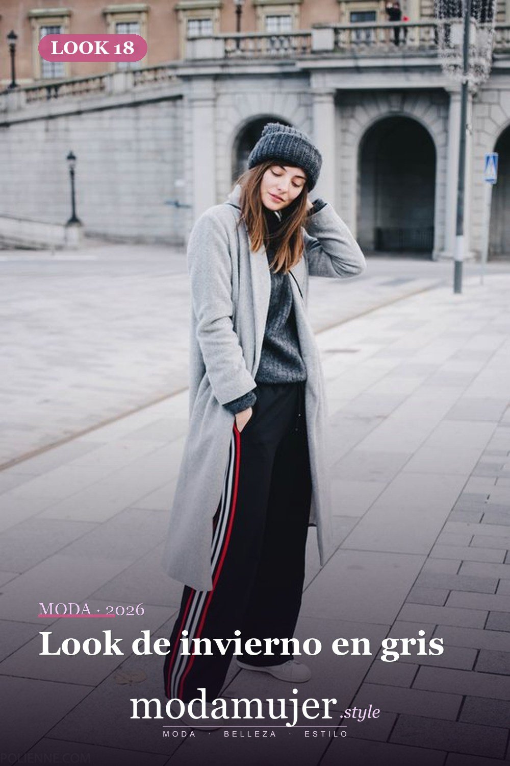 Look de invierno en gris — 41 formas elegantes de usar pantalones de rayas laterales en 2026