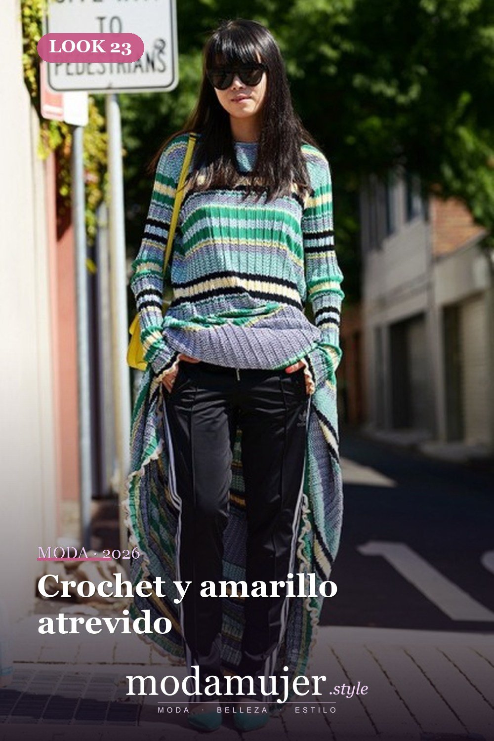 Crochet y amarillo atrevido — 41 formas elegantes de usar pantalones de rayas laterales en 2026