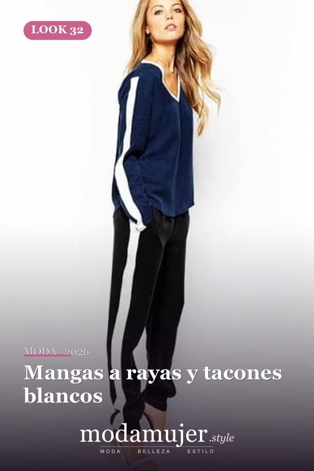 Mangas a rayas y tacones blancos — 41 formas elegantes de usar pantalones de rayas laterales en 2026