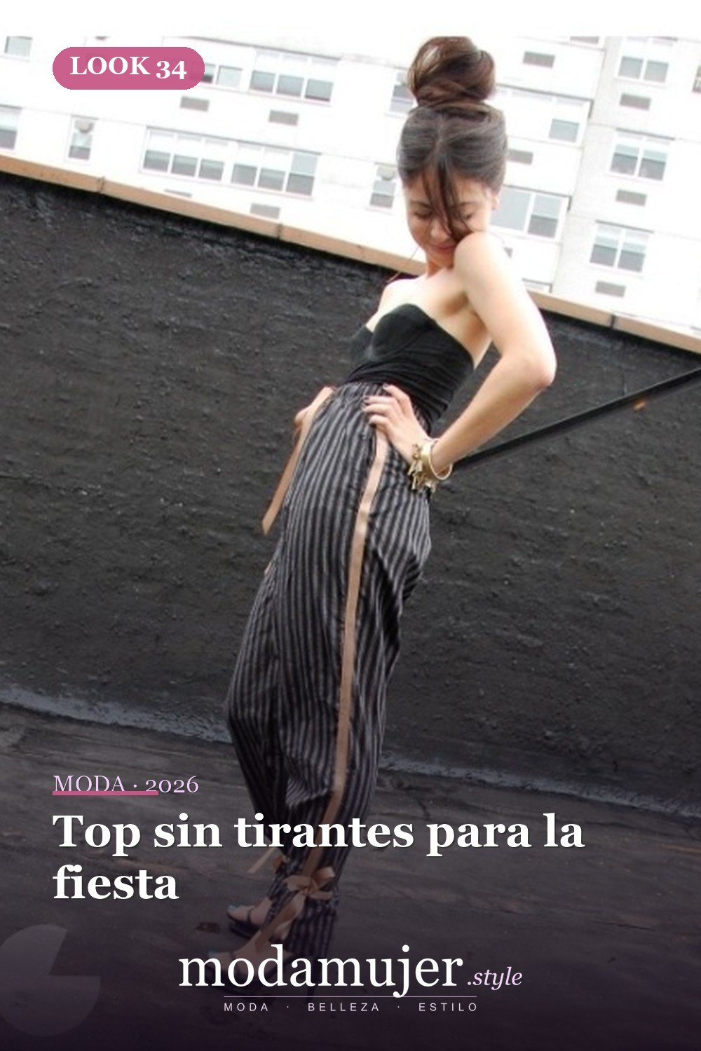 Top sin tirantes para la fiesta — 41 formas elegantes de usar pantalones de rayas laterales en 2026