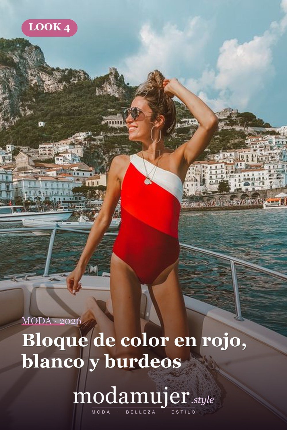 Bloque de color en rojo, blanco y burdeos — 43 trajes de baño de una pieza sensuales para el verano 2026
