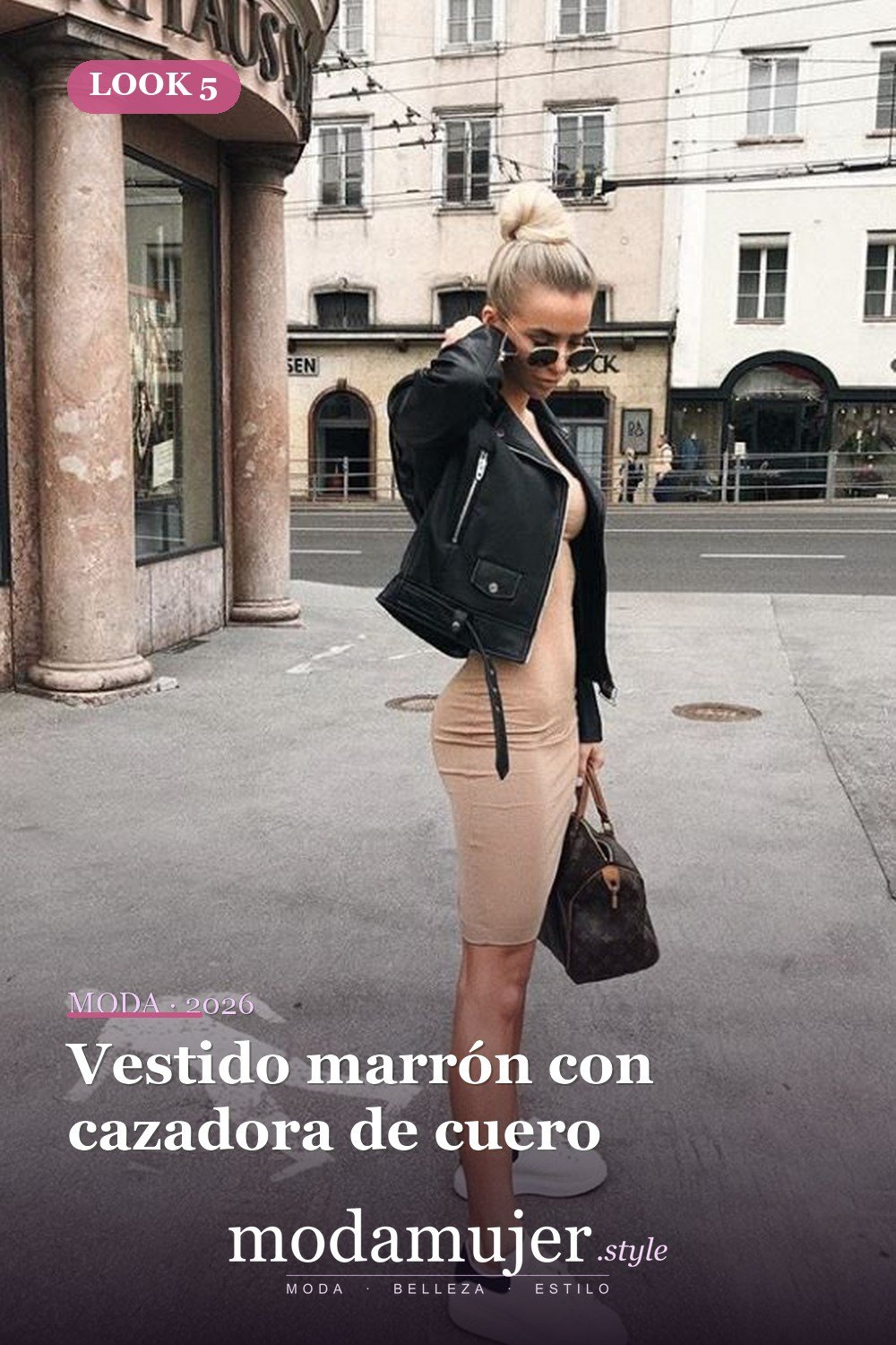 Vestido marrón con cazadora de cuero — 46 trajes casuales de primavera elegantes y bonitos para 2026