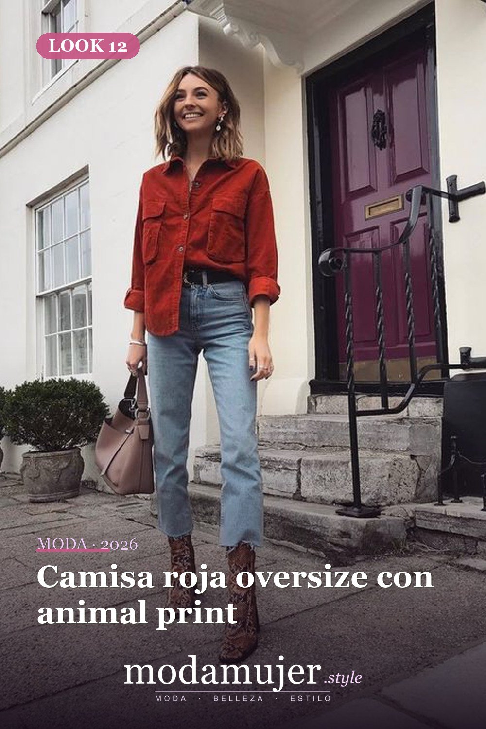 Camisa roja oversize con animal print — 46 trajes casuales de primavera elegantes y bonitos para 2026