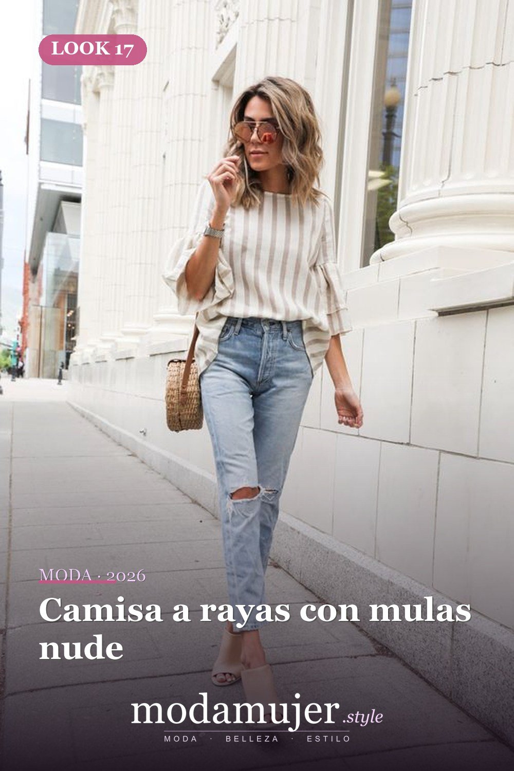 Camisa a rayas con mulas nude — 46 trajes casuales de primavera elegantes y bonitos para 2026