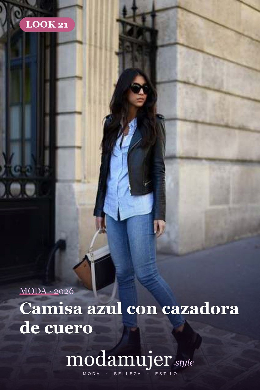 Camisa azul con cazadora de cuero — 46 trajes casuales de primavera elegantes y bonitos para 2026