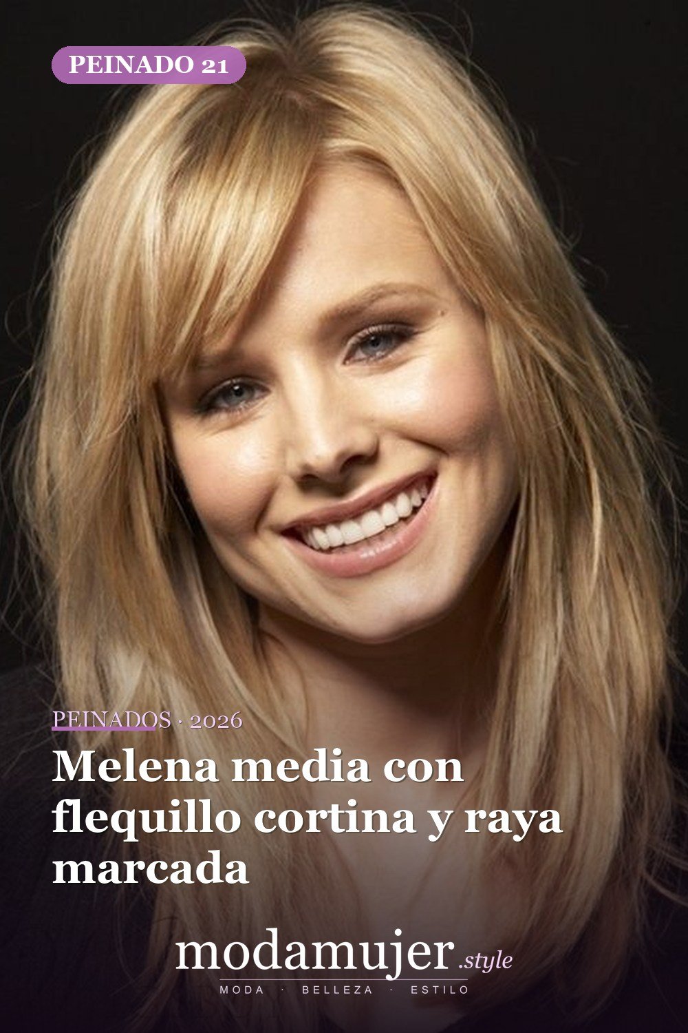 Melena media con flequillo cortina y raya marcada — 47 cortes de pelo de longitud media con flequillo