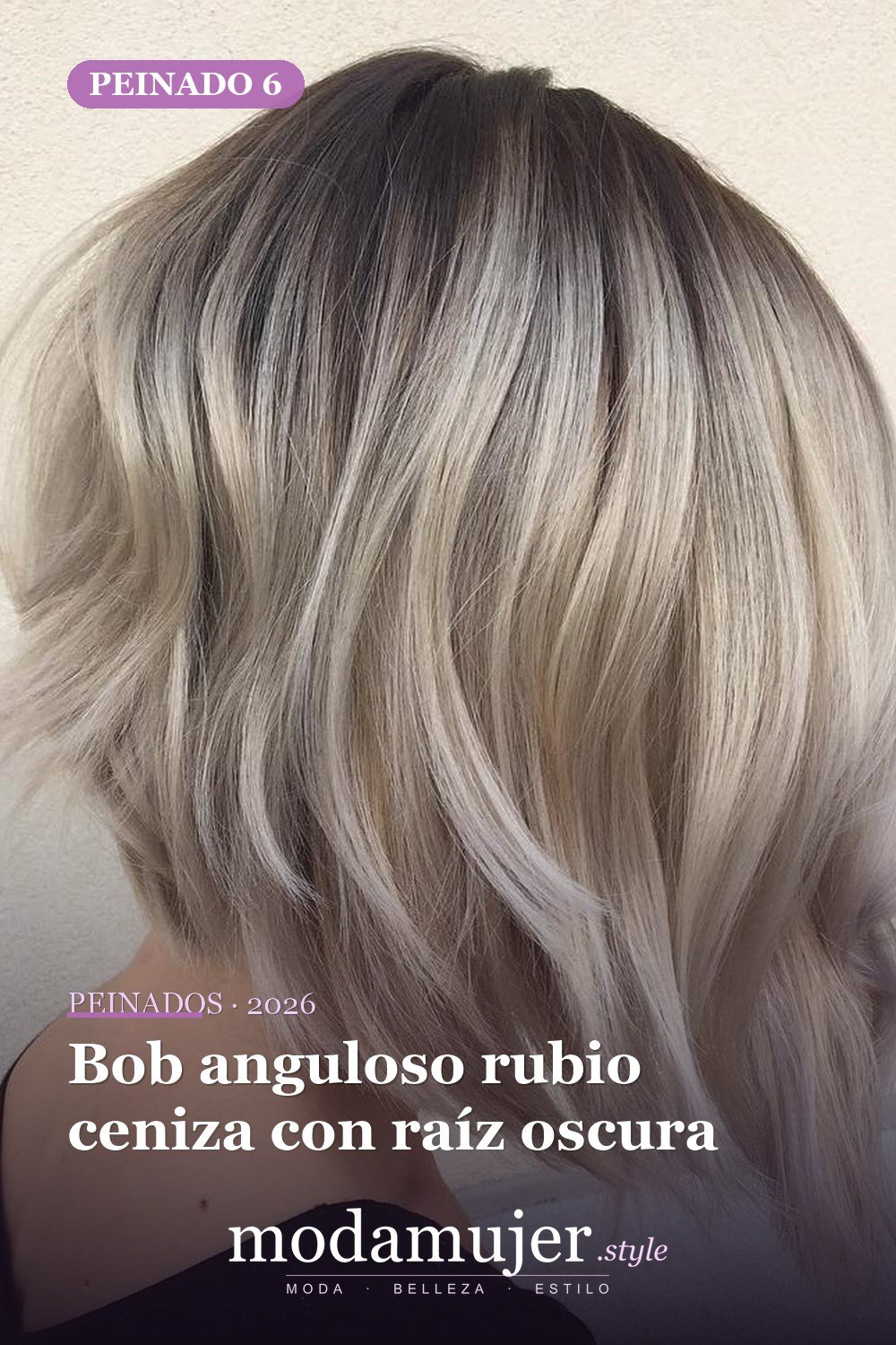 Bob anguloso rubio ceniza con raíz oscura — 49 cortes de pelo bob A-line para inspirarte en 2026