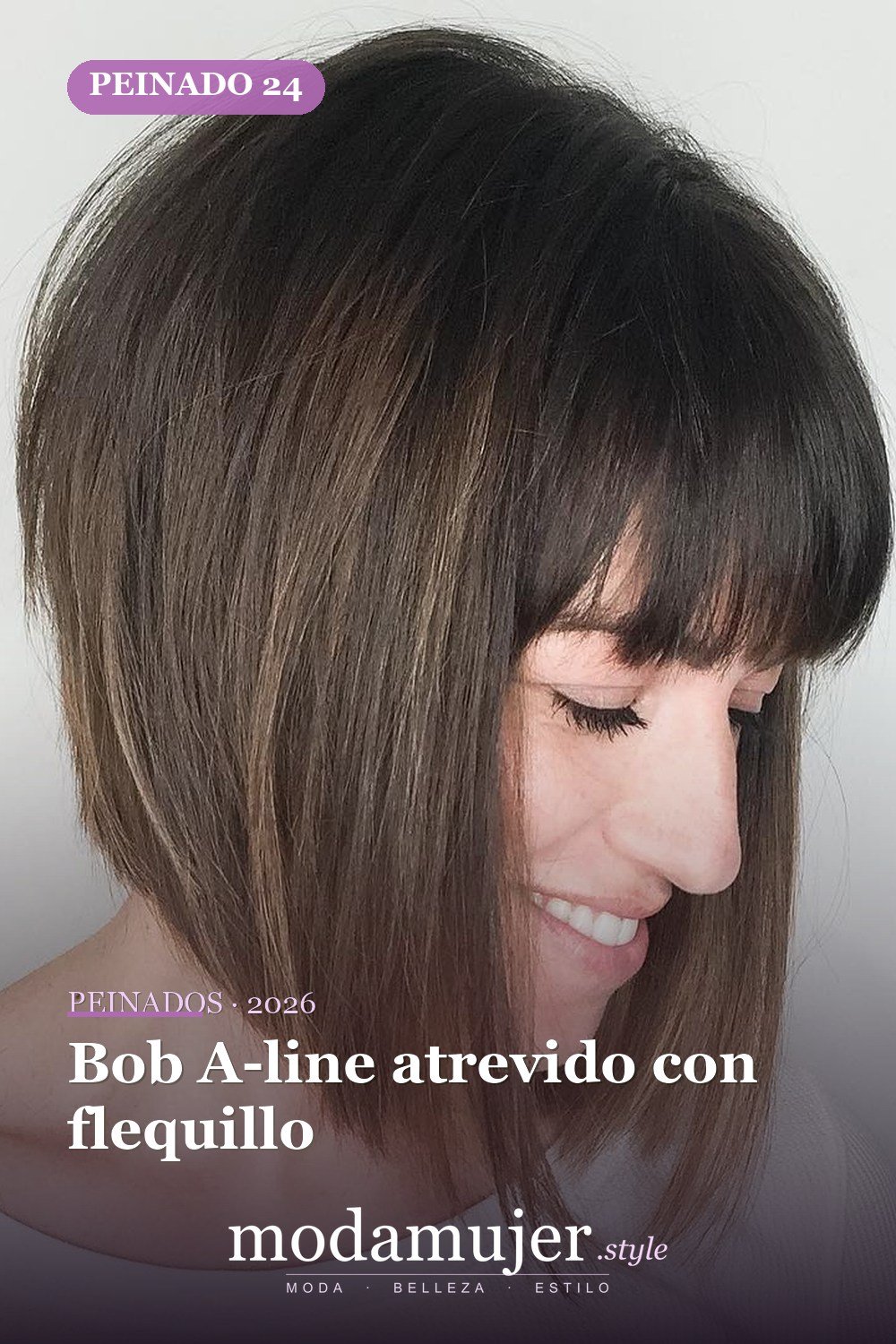 Bob A-line atrevido con flequillo — 49 cortes de pelo bob A-line para inspirarte en 2026