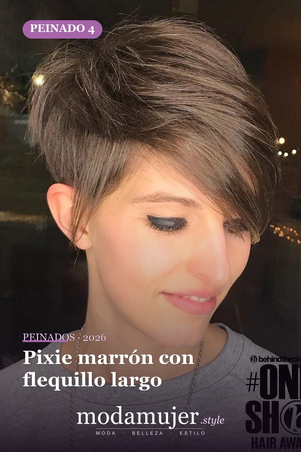 Pixie marrón con flequillo largo — 49 cortes largos de pixie para destacar en 2026