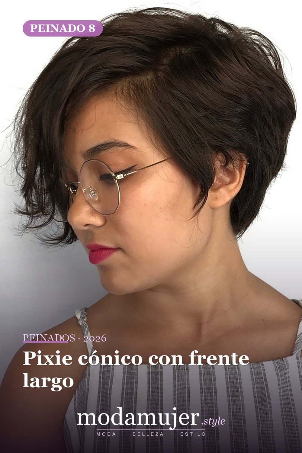 Pixie cónico con frente largo — 49 cortes largos de pixie para destacar en 2026