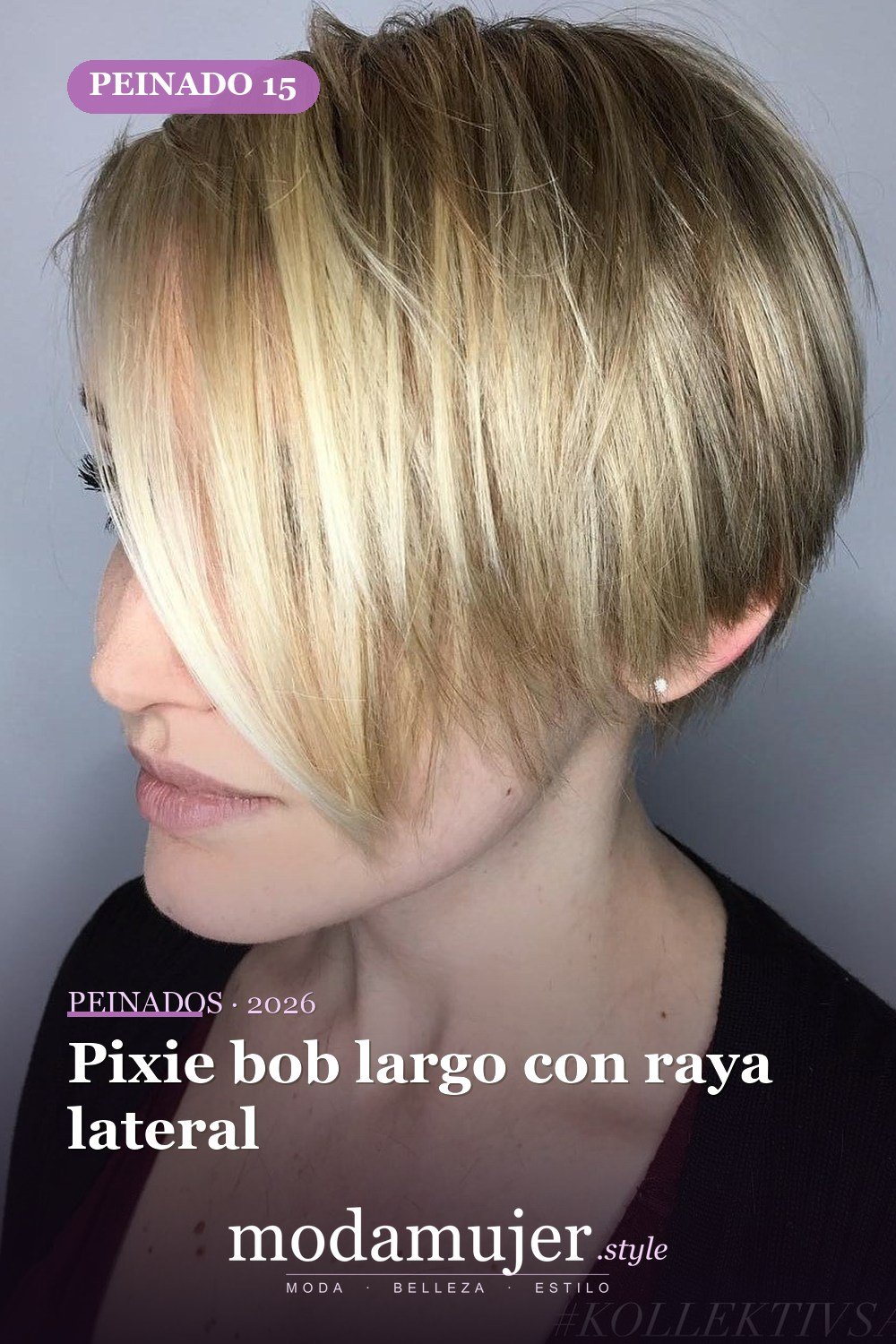 Pixie bob largo con raya lateral — 49 cortes largos de pixie para destacar en 2026