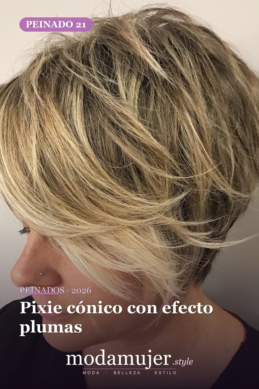Pixie cónico con efecto plumas — 49 cortes largos de pixie para destacar en 2026