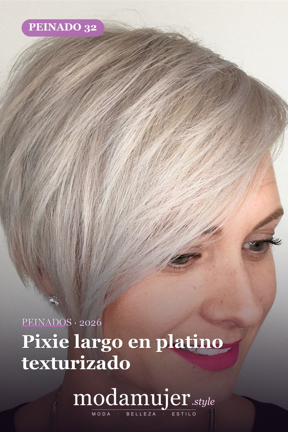 Pixie largo en platino texturizado — 49 cortes largos de pixie para destacar en 2026