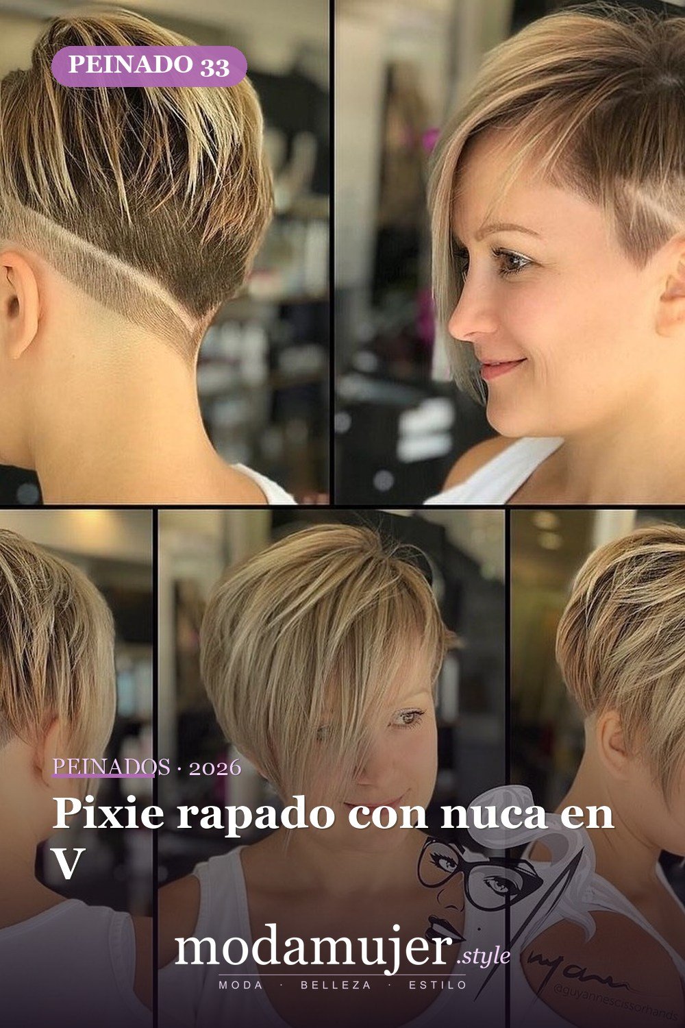 Pixie rapado con nuca en V — 49 cortes largos de pixie para destacar en 2026