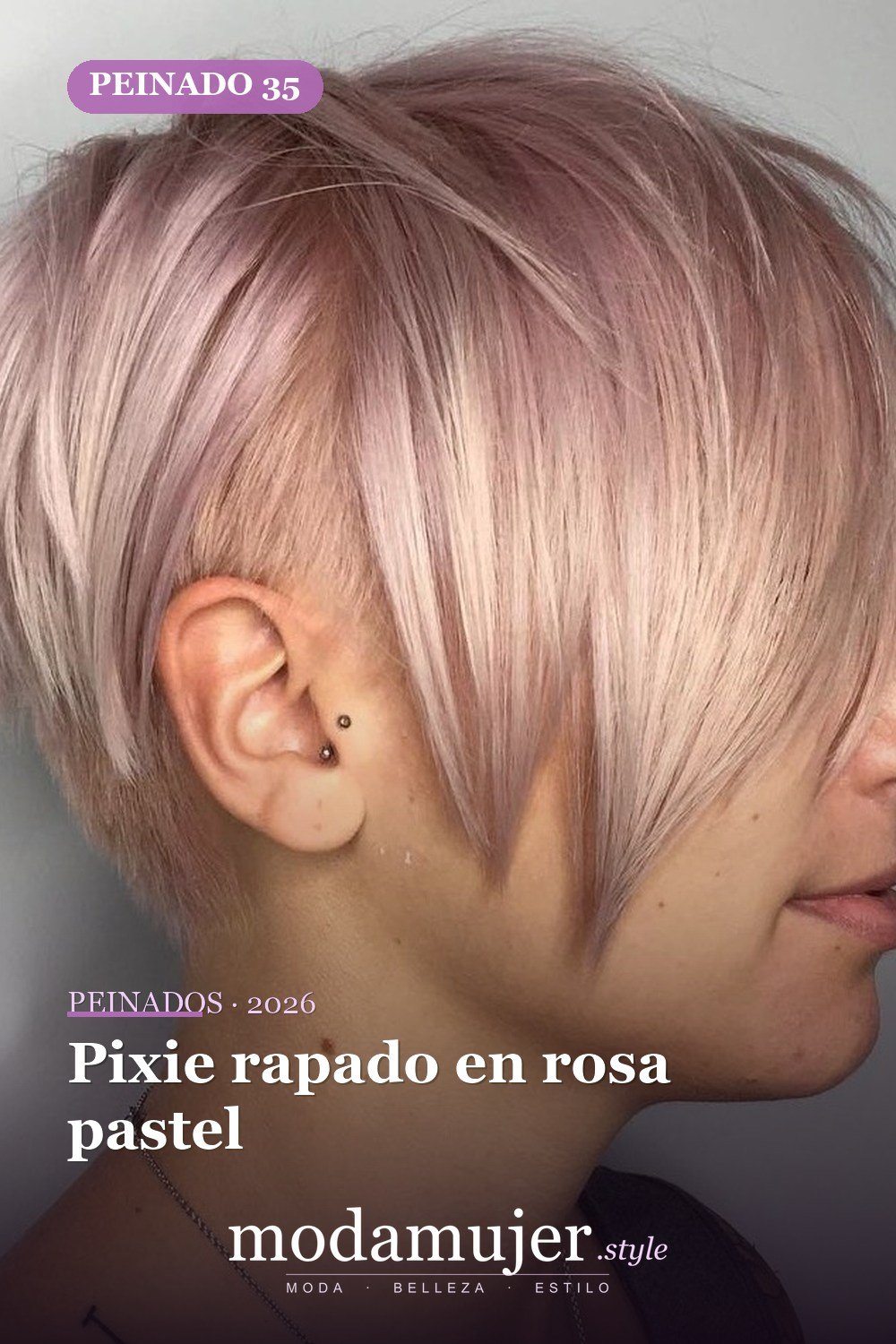 Pixie rapado en rosa pastel — 49 cortes largos de pixie para destacar en 2026