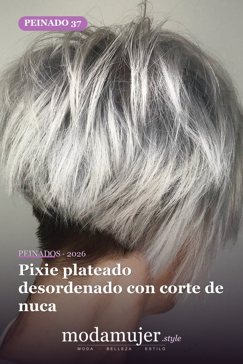 Pixie plateado desordenado con corte de nuca — 49 cortes largos de pixie para destacar en 2026