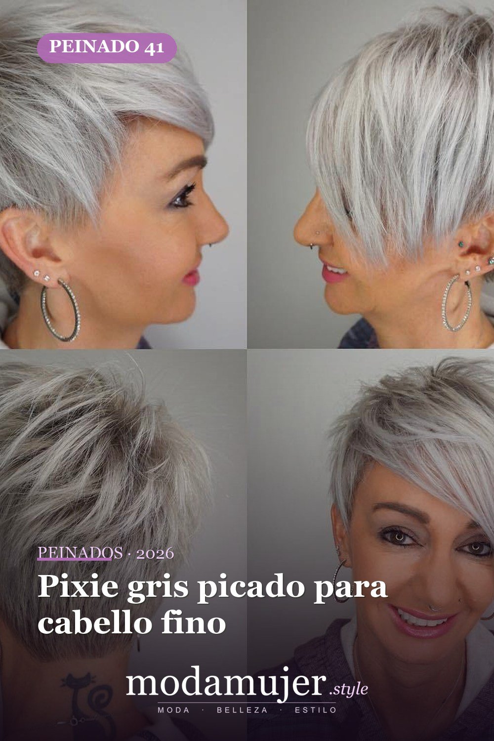 Pixie gris picado para cabello fino — 49 cortes largos de pixie para destacar en 2026