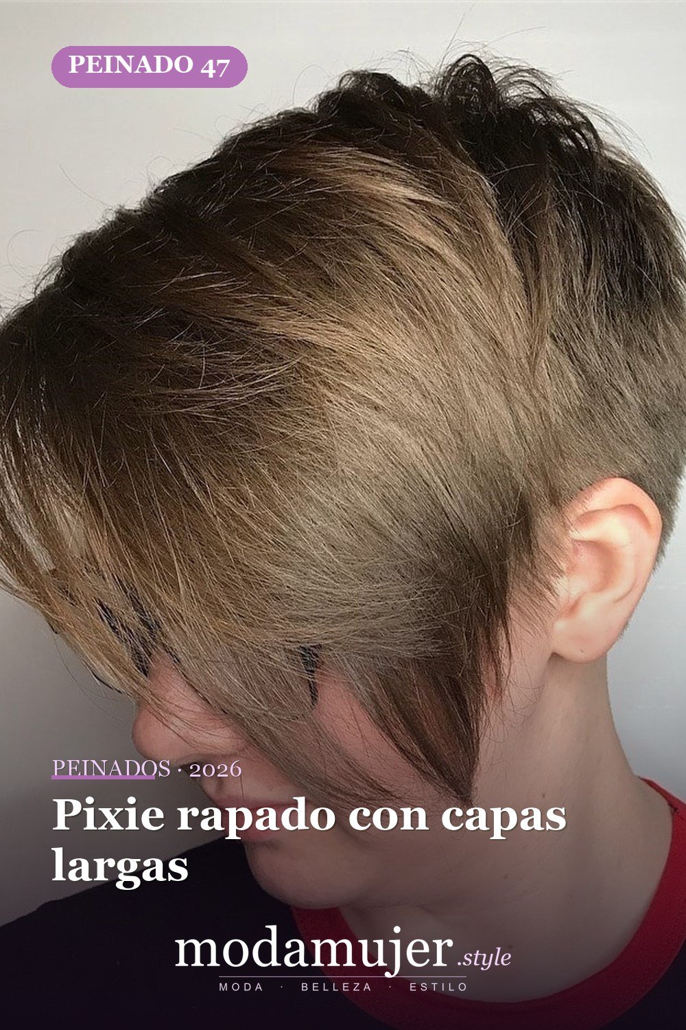 Pixie rapado con capas largas — 49 cortes largos de pixie para destacar en 2026