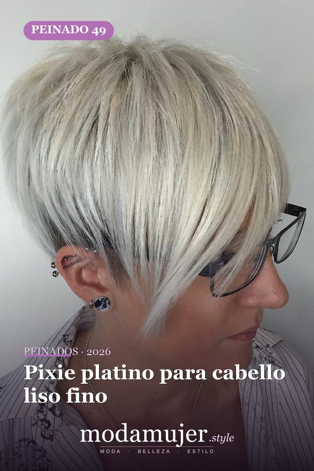 Pixie platino para cabello liso fino — 49 cortes largos de pixie para destacar en 2026