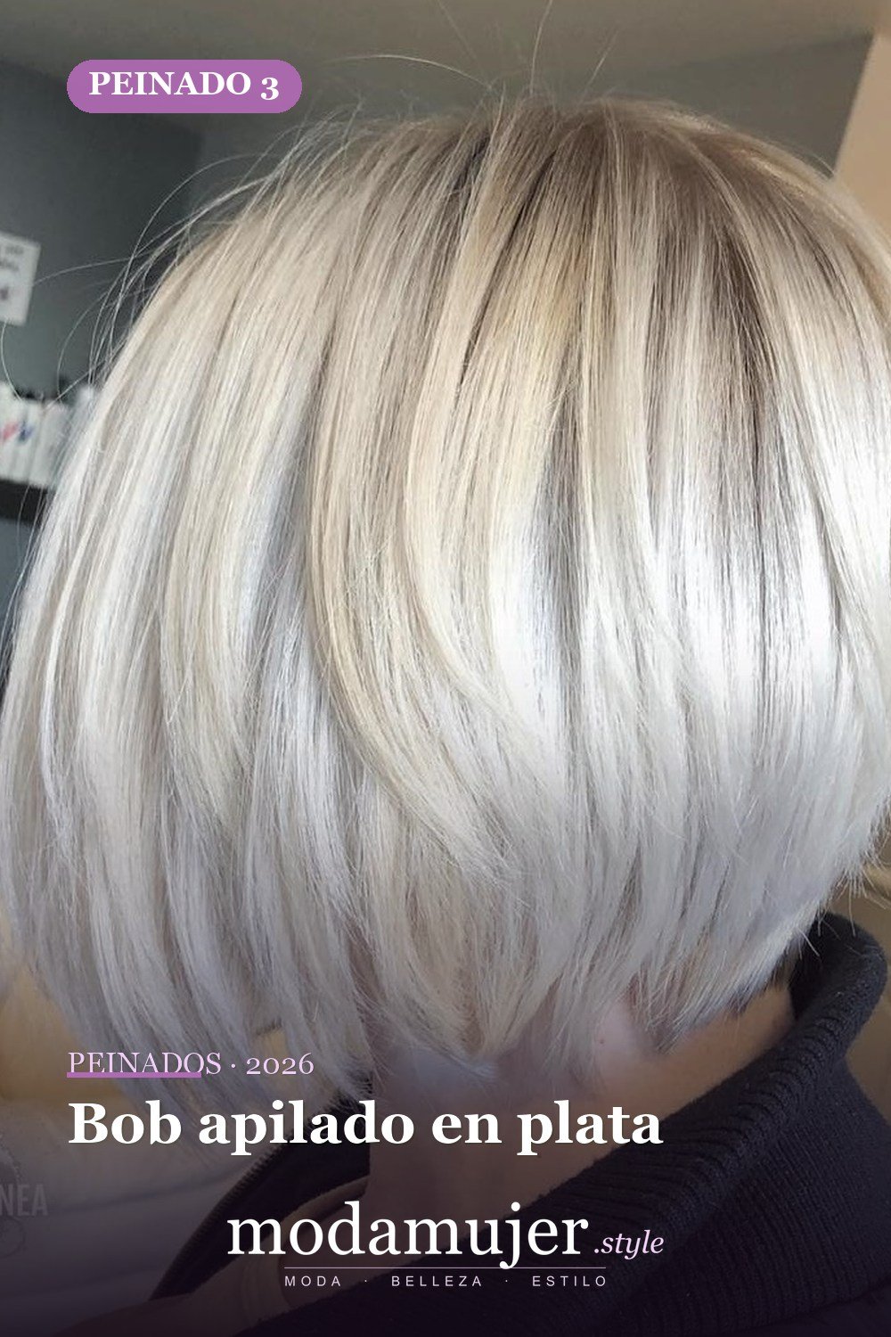 Bob apilado en plata — 50 bobs apilados y cortes de pelo escalonados que querrás probar