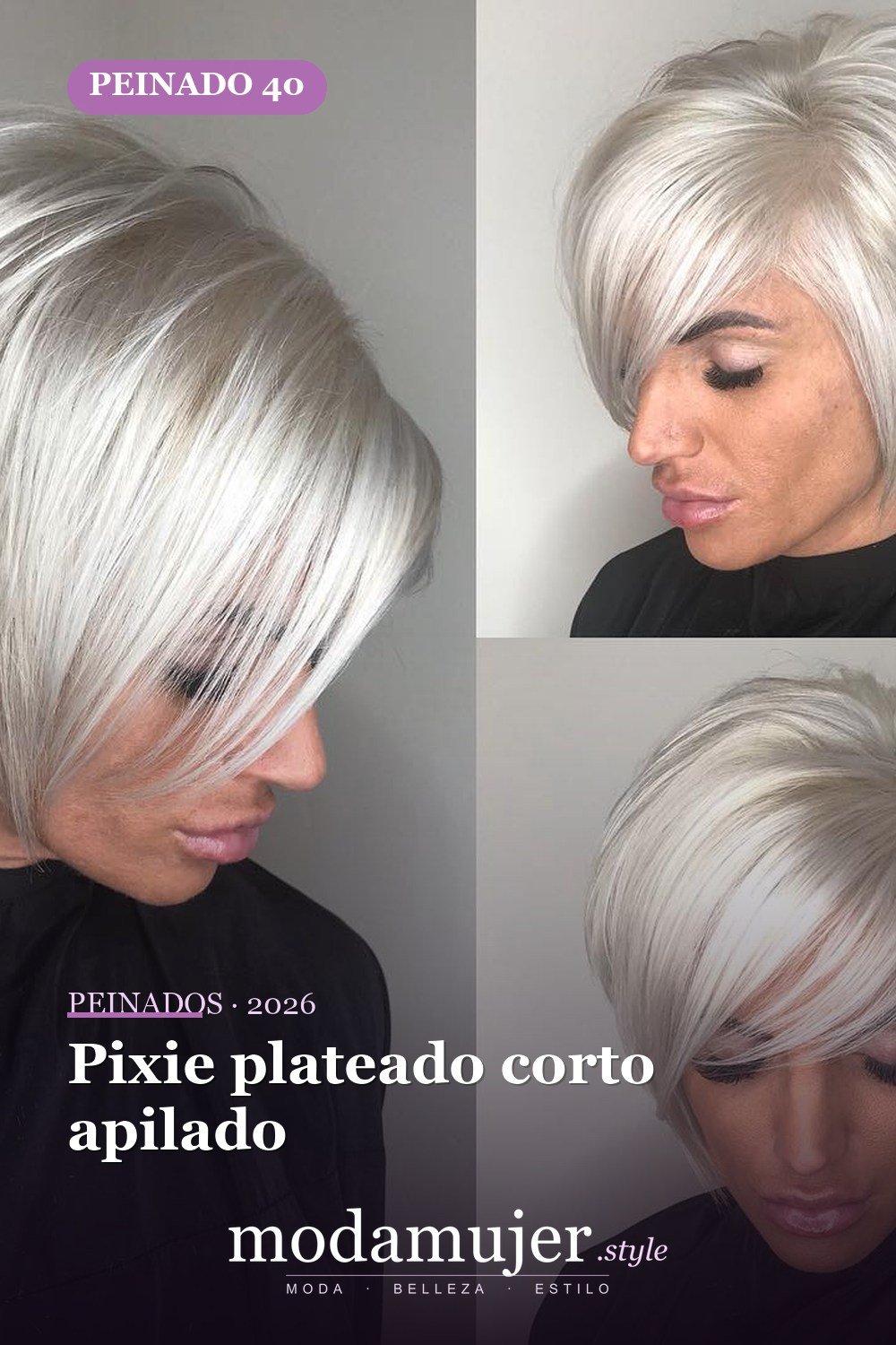 Pixie plateado corto apilado — 50 bobs apilados y cortes de pelo escalonados que querrás probar