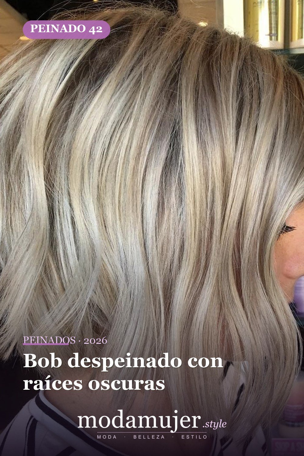 Bob despeinado con raíces oscuras — 50 bobs desordenados más bonitos y modernos que vale la pena probar en 2026