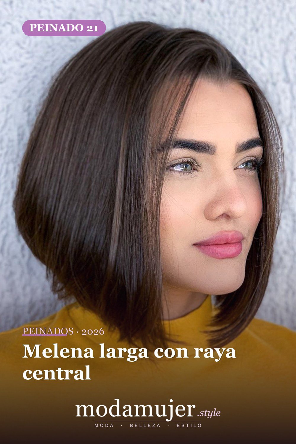 Melena larga con raya central — 50 cortes contundentes y bobs que están dominando en 2026
