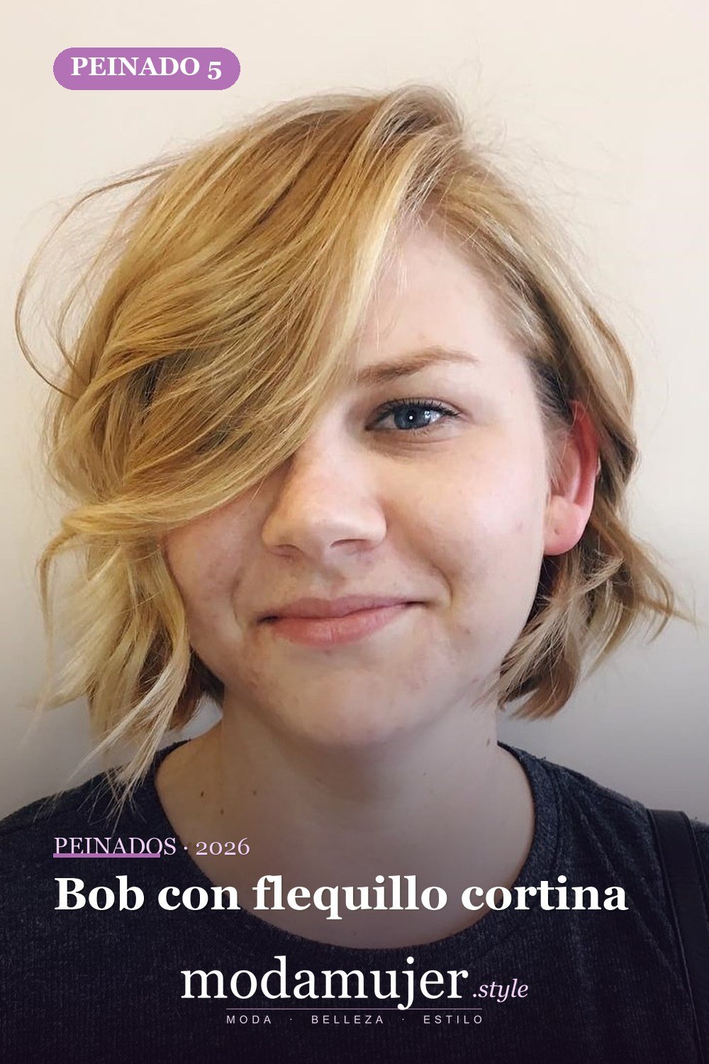 Bob con flequillo cortina — 50 cortes de pelo Bob versátiles para caras redondas para 2026