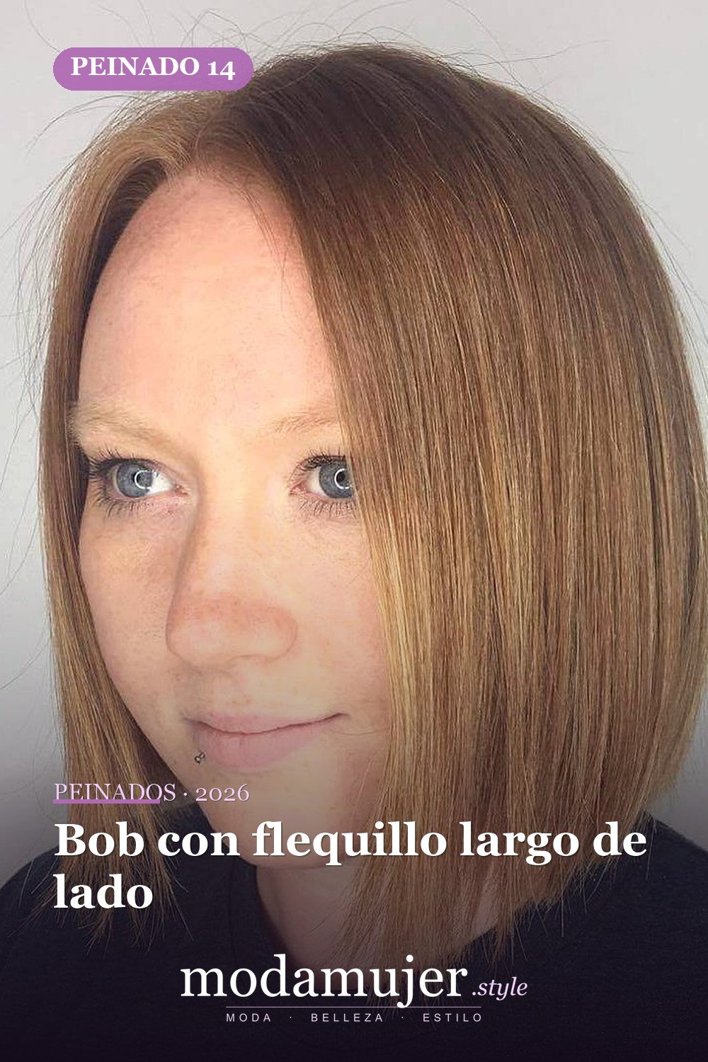 Bob con flequillo largo de lado — 50 cortes de pelo Bob versátiles para caras redondas para 2026