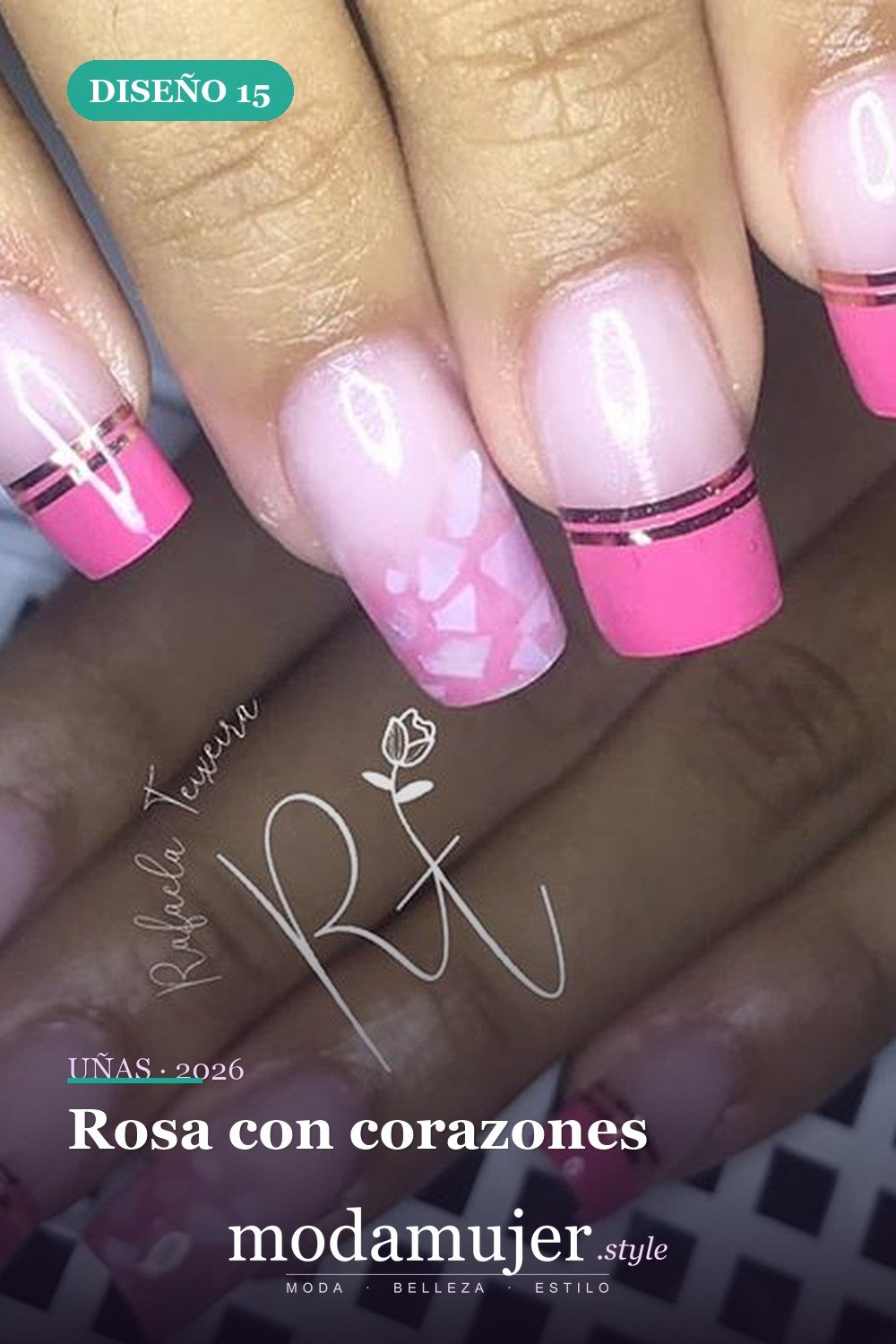 Rosa con corazones — 50 Diseños de uñas en rosa más llamativos