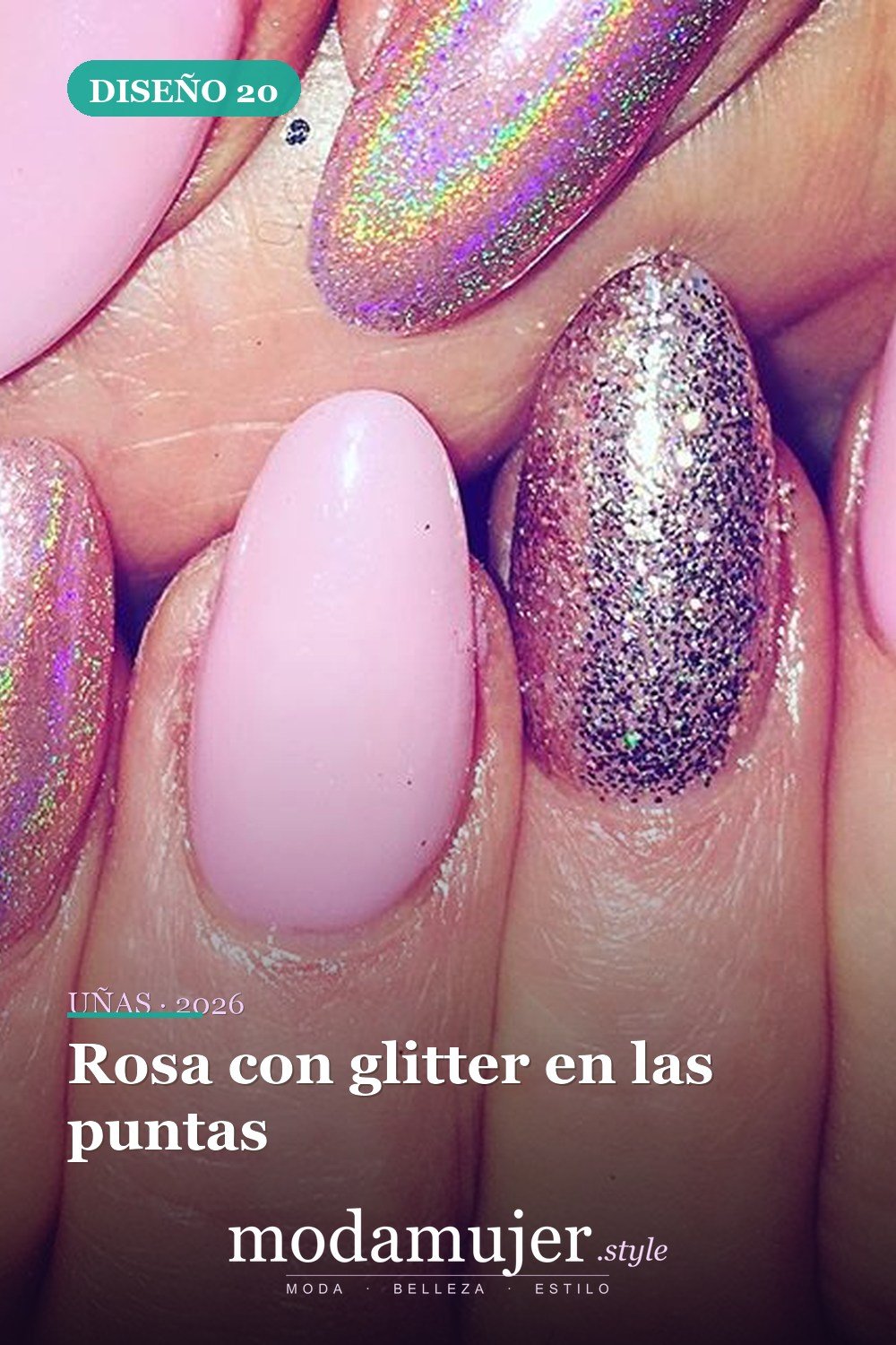 Rosa con glitter en las puntas — 50 Diseños de uñas en rosa más llamativos