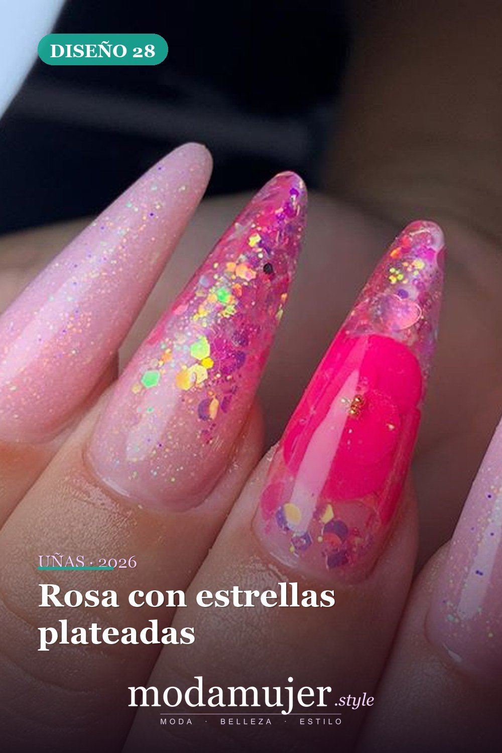 Rosa con estrellas plateadas — 50 Diseños de uñas en rosa más llamativos