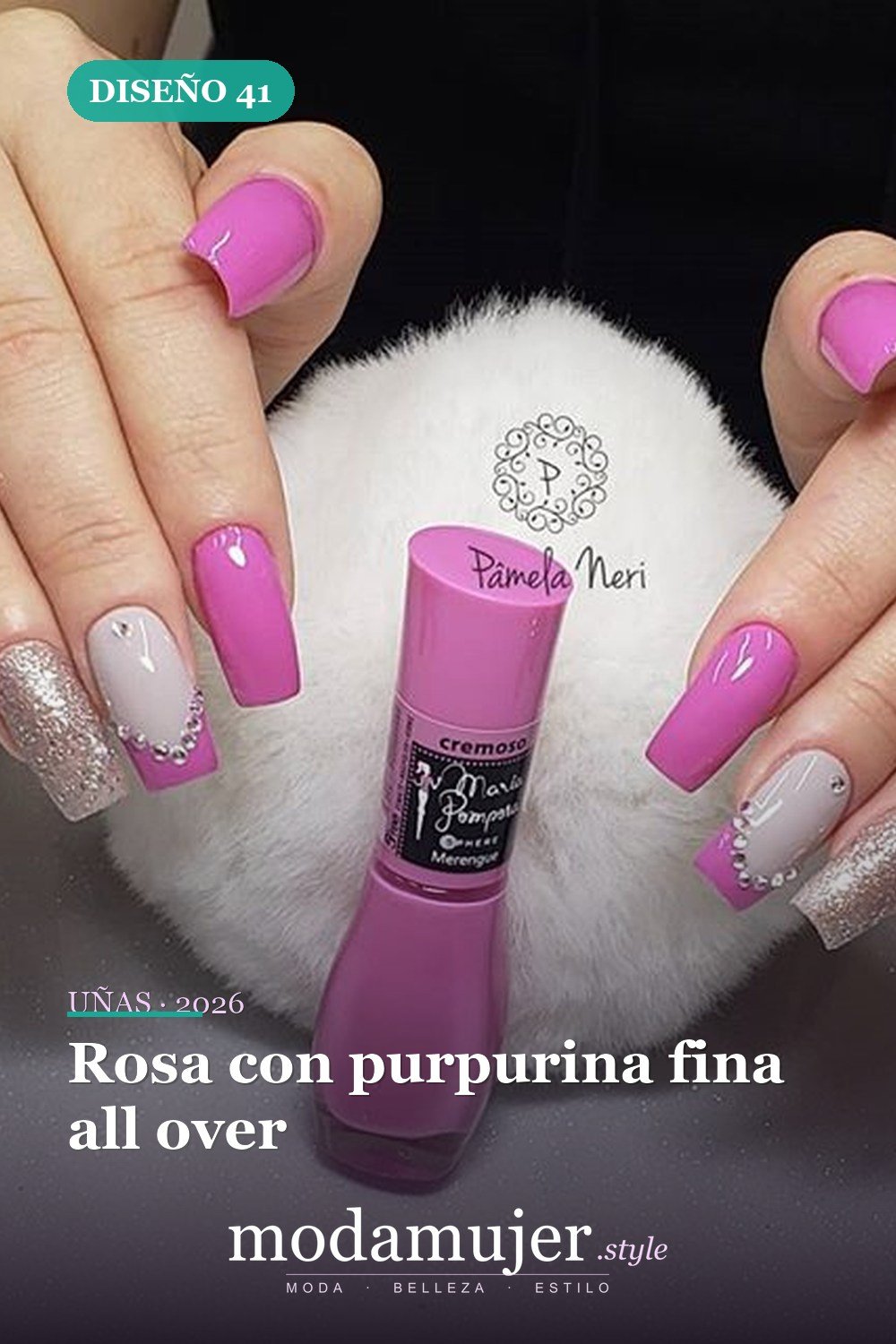 Rosa con purpurina fina all over — 50 Diseños de uñas en rosa más llamativos