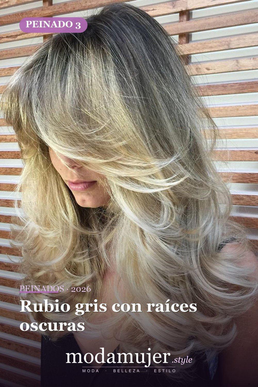 Rubio gris con raíces oscuras — 50 ideas de cabello largo en capas con flequillo