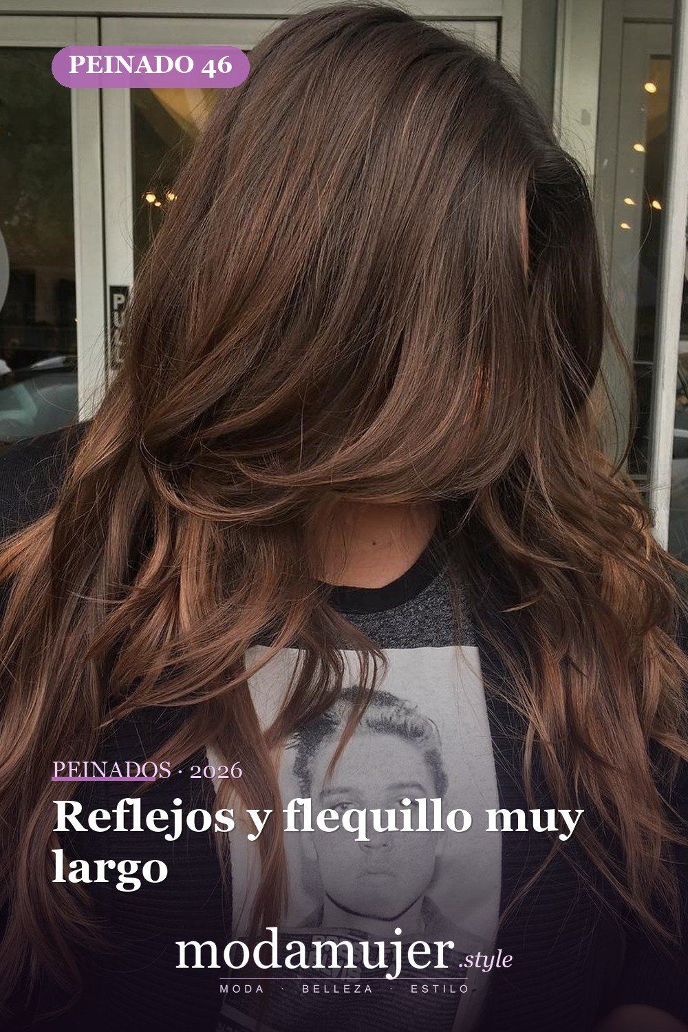 Reflejos y flequillo muy largo — 50 ideas de cabello largo en capas con flequillo